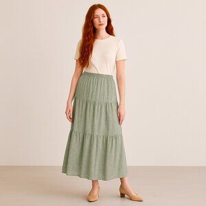 NWT Lush Sage Green Pink Floral Tiered Maxi Skirt Size L – Boho Cottagecore Vibe